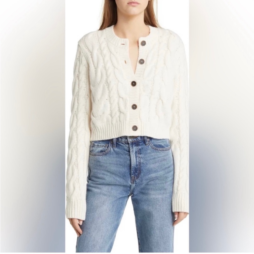Frame Denim Ivory Cable Knit Cropped Cardigan With Wood Buttons